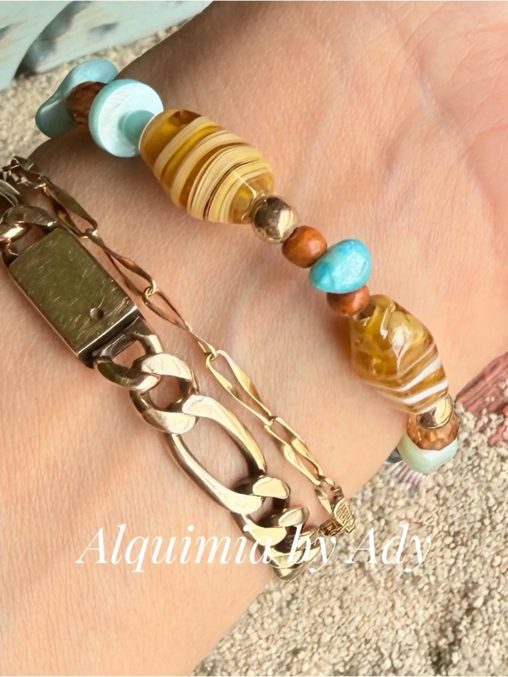 BOHO SUMMERTIME +Turquoise, Gold & Brown Beaded Bracelet with Heart Pendant 🐚